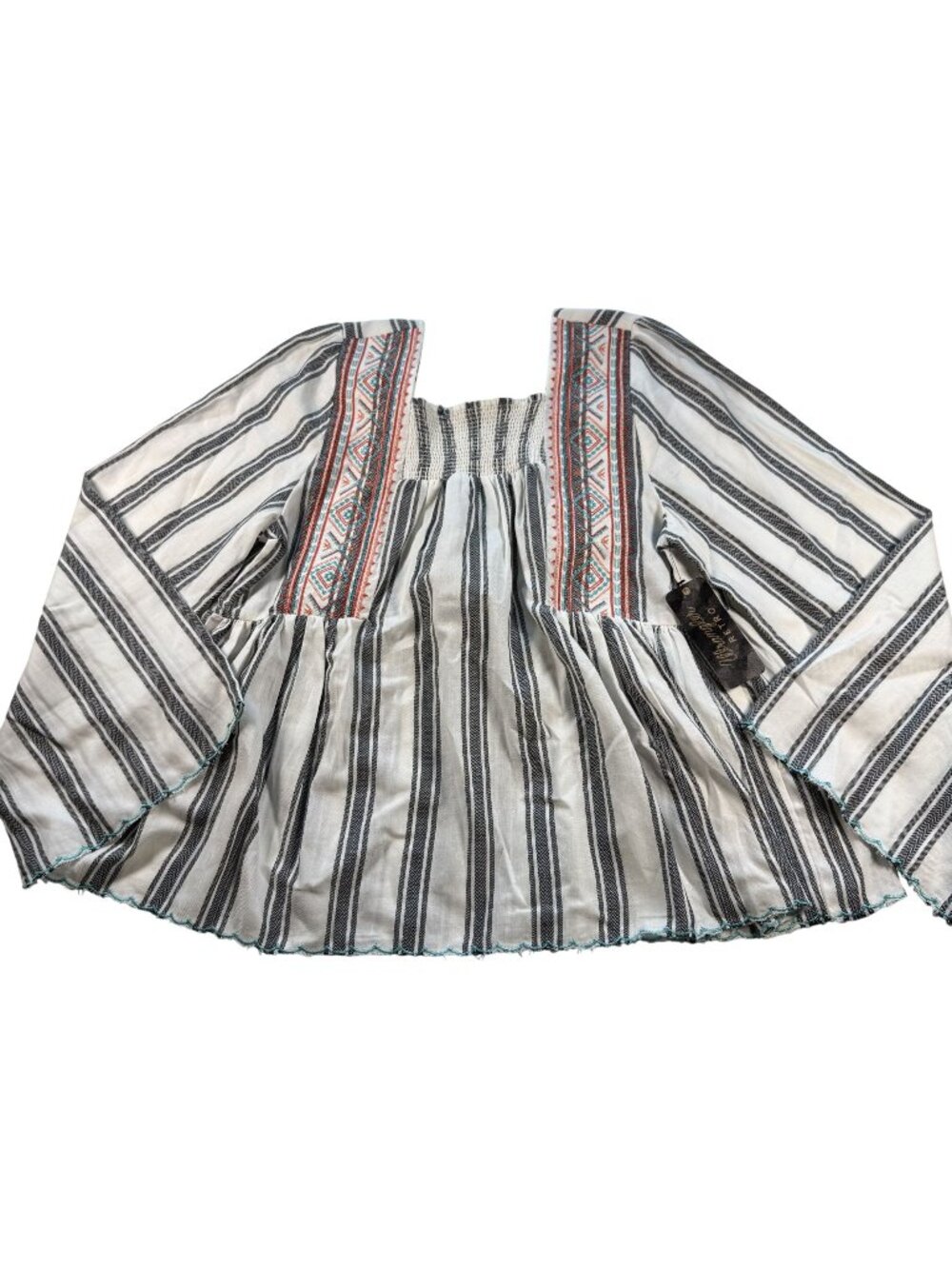 Wrangler Retro Embroidered Striped Peasant Blouse Long Sleeves Smocked Small